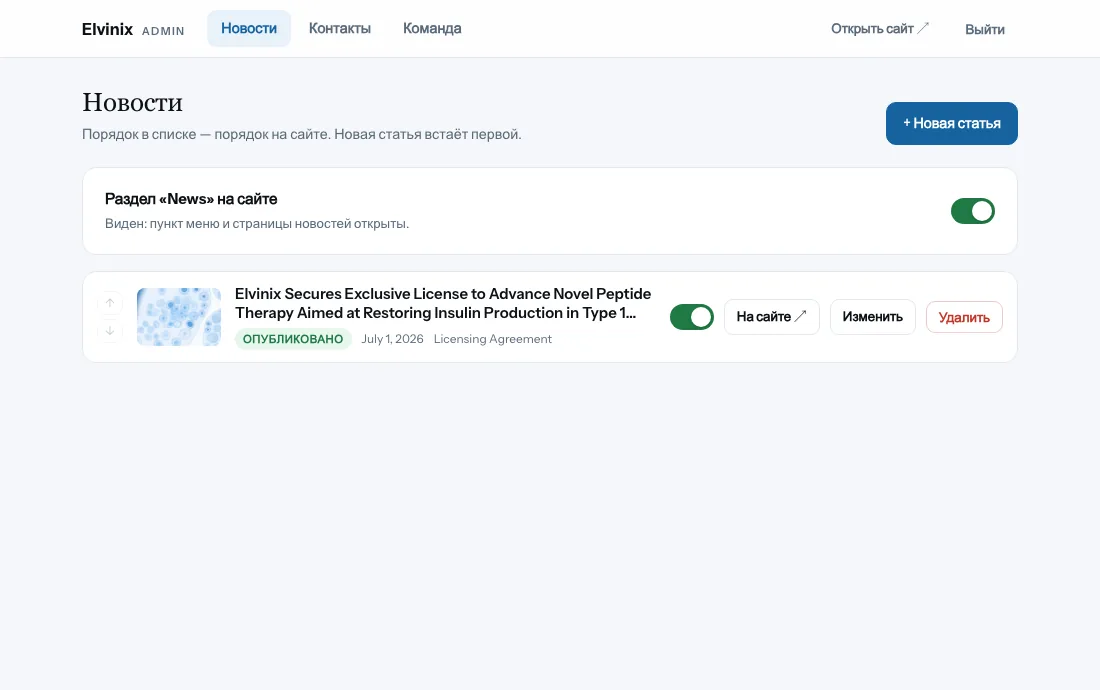 Админка Elvinix: список новостей с публикацией