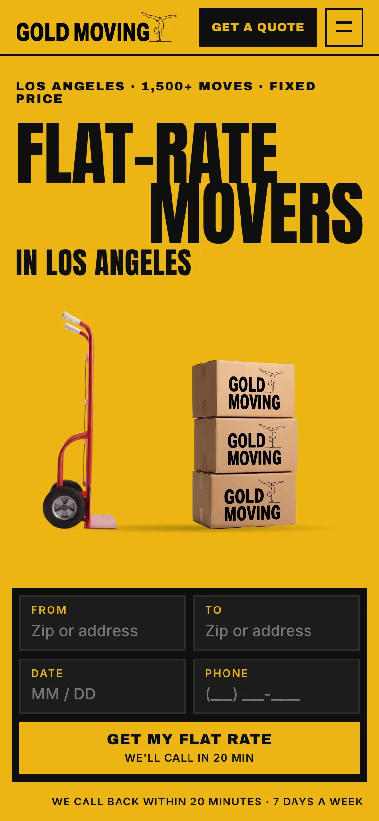 Первый экран GOLD MOVING на телефоне: заголовок, двойка с коробками и форма заявки
